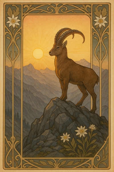 Lichtvoller Steinbock auf Berggipfel im warmen Sonnenlicht, umgeben von Edelweiß