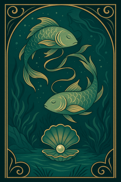 Zwei miteinander verbundene Fische, fast meditativ in der Tiefsee. Unten eine geöffnete Muschel mit einer Perle und oben vaage das Gesicht einer Frau im Wasser.