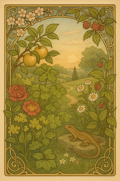 Eine schöne Naturlandschaft mit Äpfeln, Frauenmantel, Kamille, Himbeeren und Rosen. Im Rahmen sind Kirschblüten und auf einem Stein sonnt sich schlafend eine kleine Eidechse. Ein Pfad führt in der Ferne über sanfte Hügel.