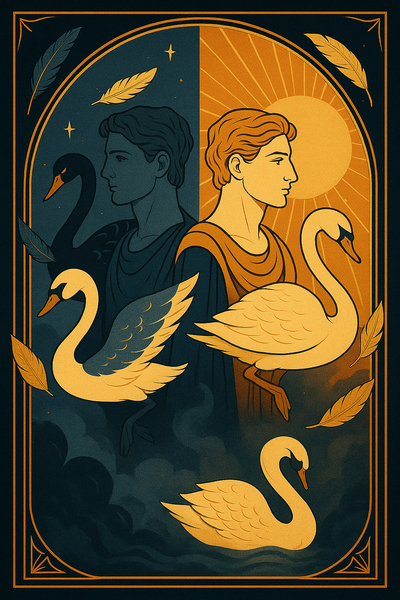 Klassische Zwillinge als Castor und Pollux mit Schwänen und heller und dunkler Seite