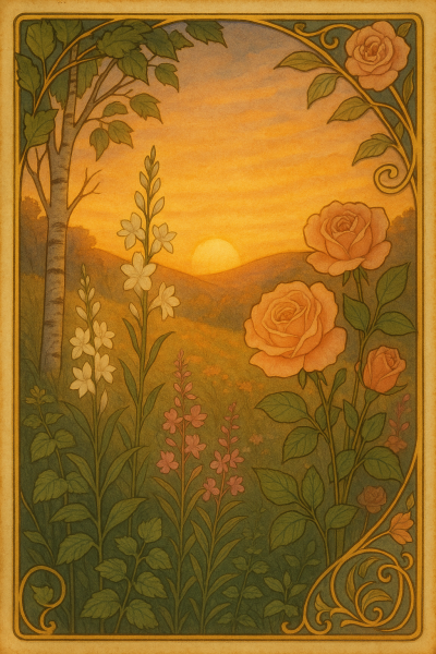 Zarte Pflanzen in pastelligen Farben wie Rose, Tuberose, Birke, Melisse und Weidenröschen im Abendlicht.