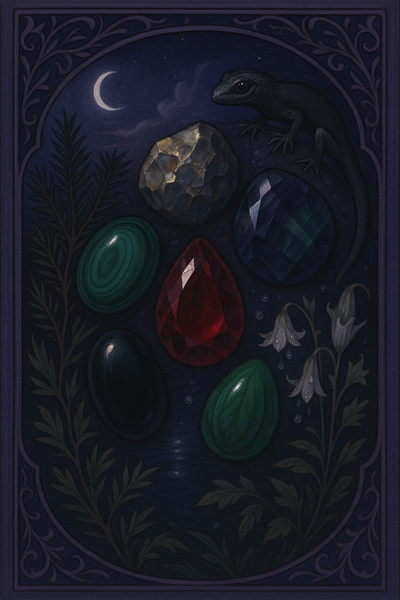 Tiefdunkle, schimmernde Heilsteine: Obsidian, Granat, Pyrit, Fluorit, Malachit.