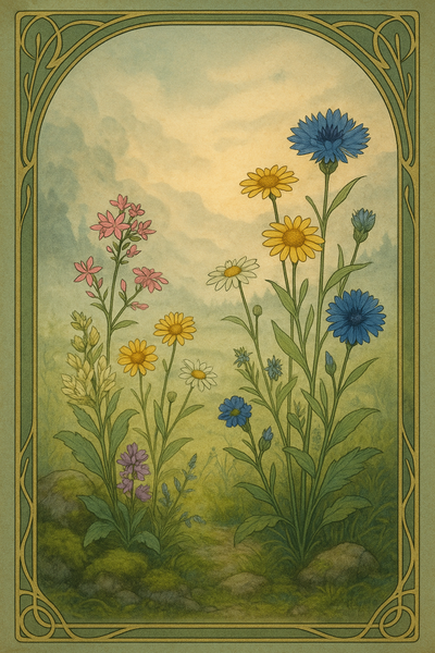 Heilkräftige Bergkräutern wie Tausendgüldenkraut, Kornblume, Flockenblume, Arnika, Beinwell, Margerite, Gänseblümchen und Griechischer Bergtee. Die Pflanzen wachsen auf einer nebligen Bergwiese mit moosigen Steinen.