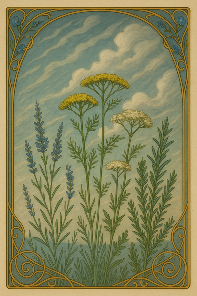 Schlanke und feinblättrige Pflanzen wie Fenchel, Lavendel, Dill, Rosmarin, Schafgabe, Thymian und Ehrenpreis unter windigem Himmel.