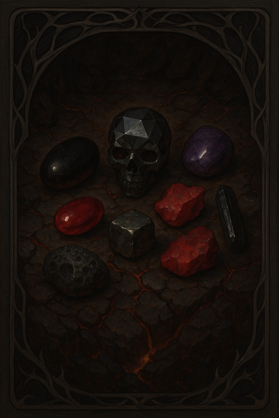 Dunkle, kraftvolle und giftige Steine wie Obsidian, Rubin, schwarzer Turmalin, Pyrit, Zinnober, Sugilith, schwarzer Diamant in Totenschädelform und Vulkanstein auf geborstener Erde mit geheimnisvollem Glanz.