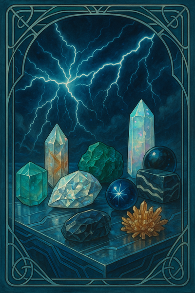 Blitzende und seltsam geschliffene Heilsteine wie Fluorit, Sternensaphier, Diamant, Moldavit, Rutilquarz, Opalith, Magnetit, Onyx-Marmor und Aragonit in einer futuristisch metallisch-blitzenden Umgebung.